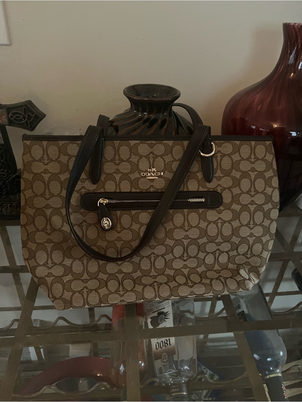 Coach Khaki Signature Canvas Tote with Chocolate Trim